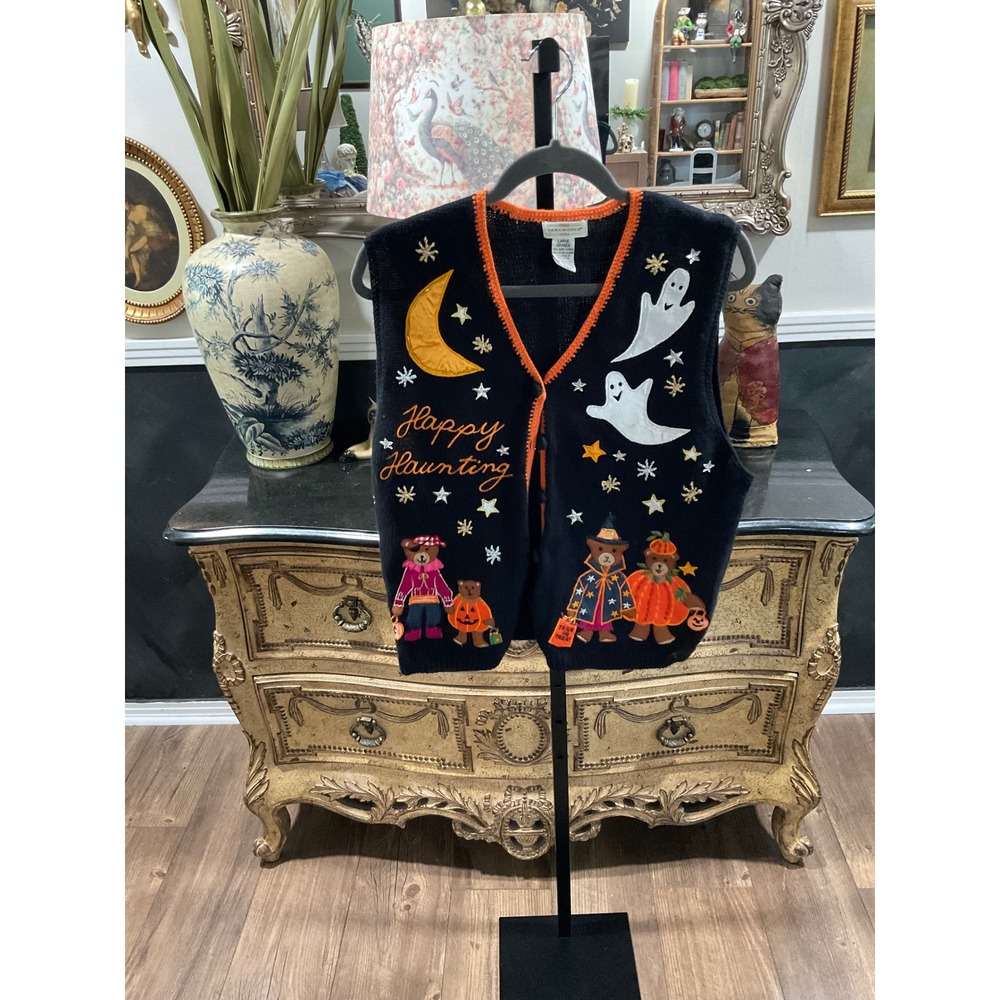 Vintage Yarnworks Halloween Sweater Vest Happy Haunting Ghosts Bears Black Large